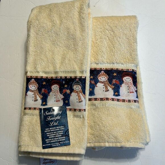 SATURDAY KNIGHT LTD Cream Blue Snowman Bath Hand Towel Decorative NWT Winter - Picture 1 of 8